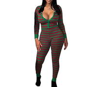 Einteiliger Jumpsuit für Damen, Weihnachten, tiefer V-Ausschnitt, Knopf, figurbetonter Strampler, Weihnachten, Pyjama, Nachtwäsche, Body (gestreift, grün, S), grün gestreift, S