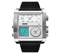 Einzigartige digitale Armbanduhr für Herren, kühle LED-Analog-Quarz-Armbanduhr, 3-Time-Zonen, großes Zifferblatt, Stoppuhr, quadratischer Chronograph (30 m wasserdicht, 12/24-Stunden-Kalender, Alarm)