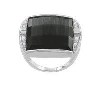 Einzigartiger Damenring aus 925er Silber mit schwarzem Katzenauge und 8 Zirkonia