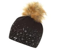 Eisbär Mütze Damen Rana Lux Crystal Schwarz - Merino Wintermütze für Frauen - mit Fleece schützt vor Kälte und Wind - Bommelmütze mit Kunstfell Strickmütze mit Pompon Swarovski Kristalle Haube