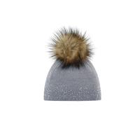Eisbär Mütze Damen Nalin Lux Crystal Grau - Merino für Frauen - mit Kunstfell-Bommel und Swarovski-Kristallen edle Bommelmütze mit warmen mit Fleece Futter schützt vor Kälte und Wind