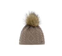 Eisbär Mütze Damen Nelia Lux Grün - Merino Bommelmütze für Frauen - mit Fleece Futter schützt vor Kälte und Wind - Strickmütze mit Zopfmuster und Kunstfell-Pompon Haube aus Österreich