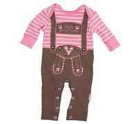 Eisenherz Baby Strampler rosa Langarm mit Druckverschluss im Schritt Lederhose mit Hosenträgerapplikation in Größe 74 - fescher Trachtenlook