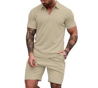 EISHOPEER Herren-Poloshirt und Shorts, modischer Reißverschluss, 2-teiliges Outfit, Hellkhaki, Medium
