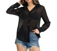 Eisnnu Damen Durchsichtig Bluse Sheer Langärmeliges Hemd mit Knopfleiste, locker sitzendes Chiffonhemd(Schwarz,XL)