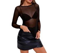 Eisnnu Damen Mesh Oberteile Transparentes Langarm Shirt Frauen Durchsichtige Rundhals T-Shirt Sexy Netzoberteil Party Tops(M,Schwarz)