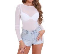 Eisnnu Damen Mesh Oberteile Transparentes Langarm Shirt Frauen Durchsichtige Rundhals T-Shirt Sexy Netzoberteil Party Tops(L,Weiß)