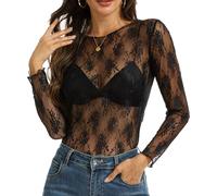 Eisnnu Damen Mesh Oberteile Transparentes Spitze Sexy Langarm Shirt Frauen Durchsichtige Rundhals T-Shirt Netzoberteil Party Tops (DE/NL/SE/PL, Alphanumerisch, XL, Regular, Regular, Schwarz)