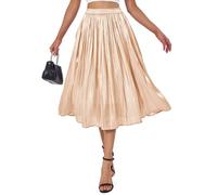 Eisnnu Damen Rock Sommer Midi Lang Glänzender Rock Elastische Taille A-Linie Elegant Hohe Taille Midi-Faltenrock (DE/NL/SE/PL, Alphanumerisch, M, Regular, Regular, Khaki)