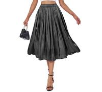 Eisnnu Damen Rock Sommer Midi Lang Glänzender Rock Elastische Taille A-Linie Elegant Hohe Taille Midi-Faltenrock (DE/NL/SE/PL, Alphanumerisch, S, Regular, Regular, Schwarz)