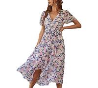 Ejoyous Damen Maxikleid mit Blumenmuster Wickelkleid mit V-Ausschnitt Boho Sommerkleider Blumen Kurzarm Strandkleider Midikleid mit Gürtel Hohe Taille(M-Aprikose)