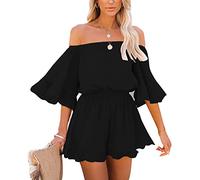Ejoyous Damen Off Shoulder Jumpsuit Schulterfreier 3/4 Ärmel Chiffon Jumpsuit Kurz Playsuit Overal Elegant mit Rüschen Mini Playsuit Rückenfrei Boho Strand Rompers Bodysuit Strampler (XL-Schwarz)