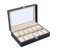 Ejoyous Uhrenbox mit 12 Fächern, Uhrenbox Herren Uhrenkasten mit Glasdeckel Uhrenkoffer mit herausnehmbaren Uhrenkissen Metallverschluss Samtfutter