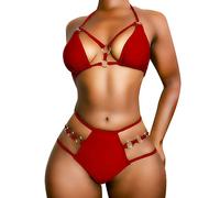 EJsoyo Damen Sexy Tanga-Bikini, Badeanzüge, Schnur, Push-Up, gepolsterter Badeanzug, 2-teilig, freche Bademode mit Metallring, rot, Small