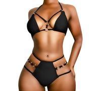 EJsoyo Sexy Damen-Bikini, Badeanzug, Push-up, gepolsterter Badeanzug, 2-teilig, freche Bademode mit Metallring, Schwarz, Medium