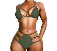 EJsoyo Sexy Damen-Bikini, Tanga, Badeanzug, Push-Up-Badeanzug, gepolstert, 2-teilig, freche Bademode mit Metallring, Grün (Army Green), Large
