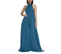 Ekaliy Sexy Sommer-Jumpsuit für Damen, Neckholder, ärmellos, Chiffon, weites Bein, lange Hose, Jumpsuit, Strampler, einteiliges Outfit, cyan, Small