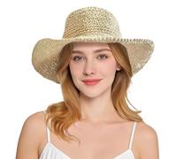 EKKONG Strohhut Damen, Sonnenhut Damen Faltbar, Sommerhut Damen, Strand Sonnenhut, Sonnenschutz Kopf, Kopfbedeckung Sommer für Strandurlaube, Poolpartys, Gartenarbeit, Wandern (A-Beige)