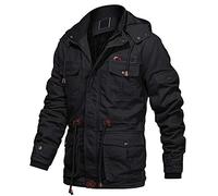 EKLENTSON Herren Übergangsjacke Militär Jacke Baumwolle Warme mit Abnehmbare Kapuze Cargo Schwarz, L