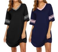 Ekouaer 2er Nachthemd Damen Kurzarm Schlafshirt Kurz V-Ausschnitt Sleepshirt Lose Schlafkleid Nachtwäsche S-XXL,Schwarz+dunkelblau,XL