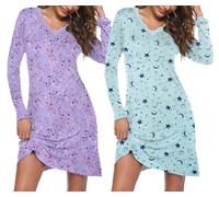 Ekouaer 2er Nachthemd Damen Langarm Schlafshirt Nachtwäsche V-Ausschnitt Mit Spitze Nachtkleid Herzen+Sterne,XL