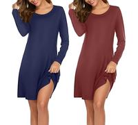 Ekouaer 2er Nachthemd Damen Langarm Schlafshirt Print Sleepshirt Frauen Rundhals Nachtwäsche Nachtkleid Blau+Rot XL