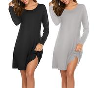 Ekouaer 2er Nachthemd Damen Langarm Schlafshirt Print Sleepshirt Frauen Rundhals Nachtwäsche Nachtkleid Schwarz+Grau XL