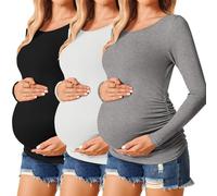 Ekouaer 3 Pack Umstandsmode Langarmshirt Seitliche Raffung Schwangerschafts | passt dir vom Babybauch bis zum Baby, Plissee-Design zur Anpassung von Länge und Stil, für vor, während, nach der pregnancy