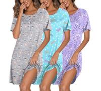 Ekouaer 3er Pack Nachthemd Damen Kurzarm Knopfleiste still Tshirt Blaues Muster/Kaffeetasse/Lila Sterne XL