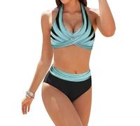 Ekouaer Bikini Damen Set Push Up Badeanzug Zweiteiliger Sexy Bauchweg High Waist Neckholder Bademode Strand Bikinis Swimsuit Blau S