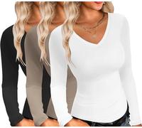 Ekouaer Damen 3 Pack Langarmshirt V-Ausschnitt Unterhemd Sexy Layer Tee Dünn Thermo Oberteil Slim Fit Basic Tops, Schwarz + Graubraun + Weiß S