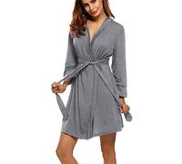 Ekouaer Damen Morgenmantel Kurz aus Baumwolle Dünn 3/4 Ärmel Bademantel Kimono Saunamantel Robe Negligee Mit V-Ausschnitt Sommer Hellgrau XL