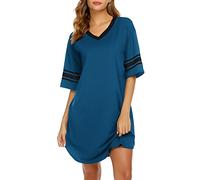 Ekouaer Damen Nachthemd Baumwolle Schlaf-Hemd v-Ausschnitt Kurzarm lose bequemer Pyjama nachtwäsche mittel EIN blaues
