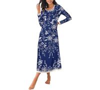 Ekouaer Damen Nachthemd Langarm Elegant Sleepshirt Weich Schlafkleid Lange Nachthemden Kontrastfarbe Nachtkleid Locker Sleepwear S-XXL,Marineblau,XXL
