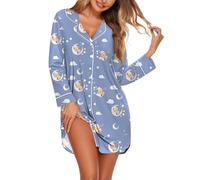 Ekouaer Damen Nachthemd Langarm Warm Knöpfe Nachtkleid Nachtwäsche Sleepshirt, Blauer Teddybär, XL