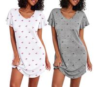 Ekouaer Damen Nachthemden Kurzarm Schlafshirt Zweiteiliger Sleepshirt Print Schlafhemd Nachtwäsche Grau Schleife + Kirsche XL