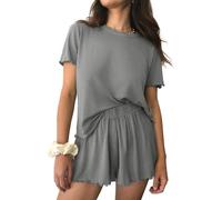 Ekouaer Damen Pyjama Set Rundhals Schlafanzug Sommer Hausanzug für Frauen Kurzarm Sleepshirt mit Rüschen Grau M