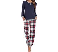 Ekouaer Damen Pyjama Set U-Ausschnitt Schlafanzug Sommer Hausanzug für Frauen Langarm Sleepshirt,Blau,XXL