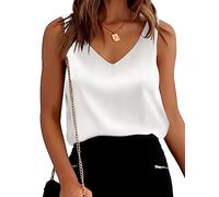 Ekouaer Damen Satin Top V Ausschnitt Oberteil Spaghettiträger Top Sexy Sommer Shirt,Weiß,L