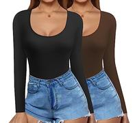 Ekouaer Langarmshirt Damen Thermo Crop Tops Langarm Shirt Warm Unterhemd Oberteile Leicht Rundhals 2er-Pack, Schwarz+Braun, S