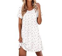 Ekouaer Nachthemd Damen Kurzarm Schlafshirt V-Ausschnitt S-2XL | Spitze Schlafkleid, Jacquard Gestrickt Sleepshirt, Nachtkleid mit Wellensaum, knielang Nightgown, weich und bequem, süß stil