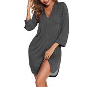 Ekouaer Nachthemd Damen Langarm Schlafshirt Knopfleiste Nachtkleid Knöpfe Nachtwäsche 3/4 Ärmel Einfarbig Sleepshirt Dunkelgrau XL