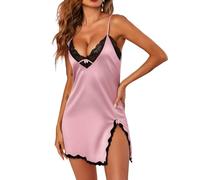Ekouaer Nachthemd Damen Loose Satin Negligee Sommer Spitze Spaghettiträger Nightdress Dessous Rosa XL