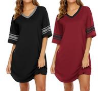 Ekouaer Nachthemd Damen Schlafshirt Kurzarm Große Größen Sleepshirt Oversize Sommer Nachtwäsche Frauen Schlafkleid,Schwarz+weinrot,M