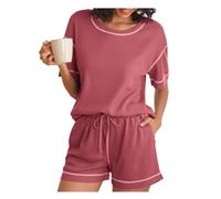 Ekouaer Pijamas Damen Kurz Sommer Shorty Pyjama Rundhals Weiche Pijama Set Leichte Hausanzug Loungewear Freizeitanzug Rot XXL