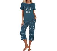 Ekouaer Pyjama Damen Kurz Schlafanzug Capri 3/4 Schlafhose Sommer Schlafanzüge Zweiteiliger Pjs Sets Hausanzug, Blau Grün, XL