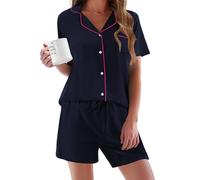 Ekouaer Pyjama Damen Kurz Schlafanzug Damen Sommer Schlafanzüge Frauen mit Knöpfen Pjs Sets Baumwolle Zweiteiliger Kurzarm Sleepwear,Naviblue,S
