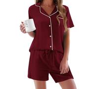 Ekouaer Pyjama Damen Kurz Schlafanzug Damen Sommer Schlafanzüge Frauen mit Knöpfen Pjs Sets Baumwolle Zweiteiliger Kurzarm Sleepwear,Weinrot,S