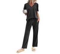 Ekouaer Pyjama Damen Rippen 2 Pieces Schlafanzug Lang Hose Bequem Hausanzug Schwarz XL
