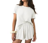 Ekouaer Pyjama Damen Sommer Schlafanzug Kurzarm Kurz Hose Rippen Nachtwäsche S-XXL Weiß XL